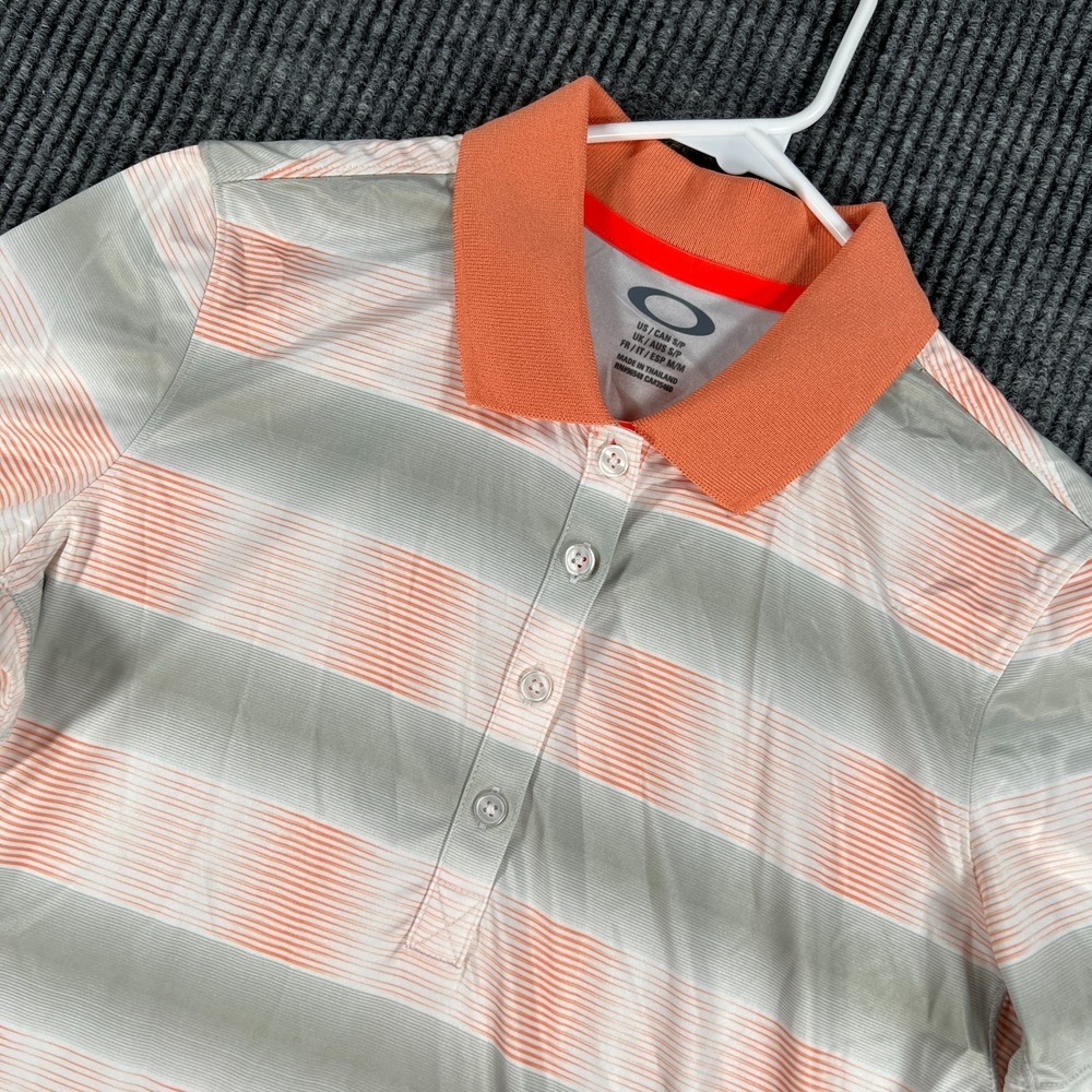 Oakley‎ Polo Shirt Womens Small Orange Gray Striped Short Sleeve Golf Casual